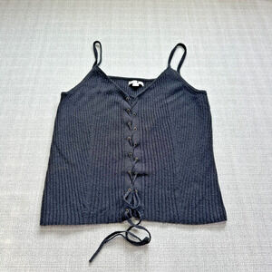 American Eagle Tank Top Sweater XL Black Y2K Ribbed‎ Knit Lace Up Cami Corset